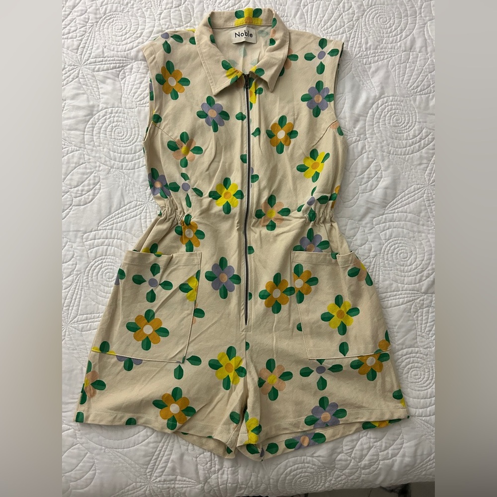 Noble Floral Zip-Front Sleeveless Romper - Cream with Yellow & Green Flowers